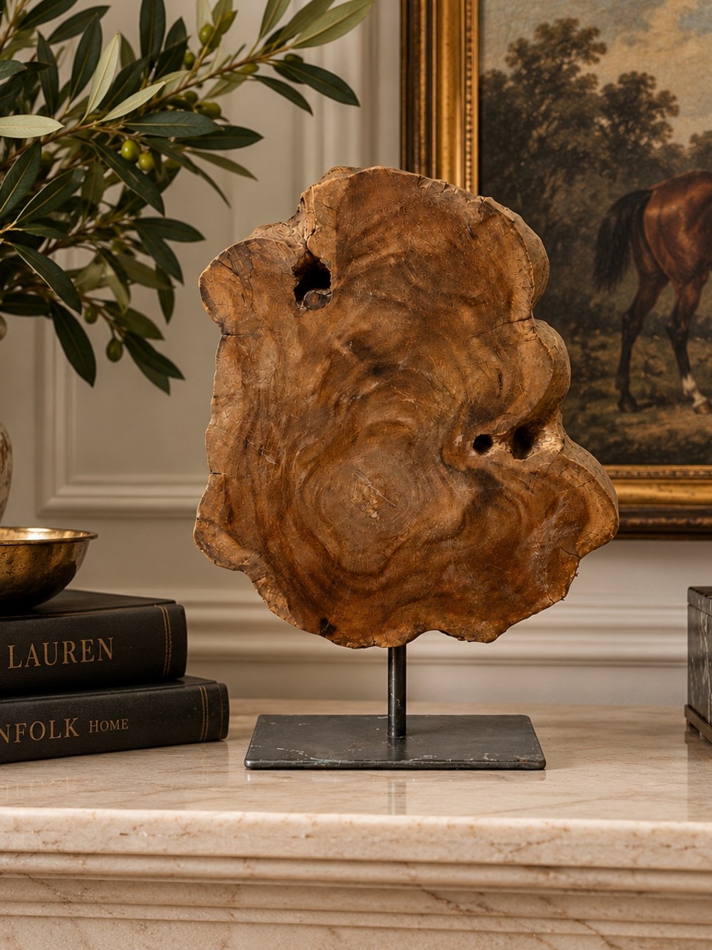 Natural Root Wood Sculpture on Metal Stand | Heavy Organic Wood Decor
